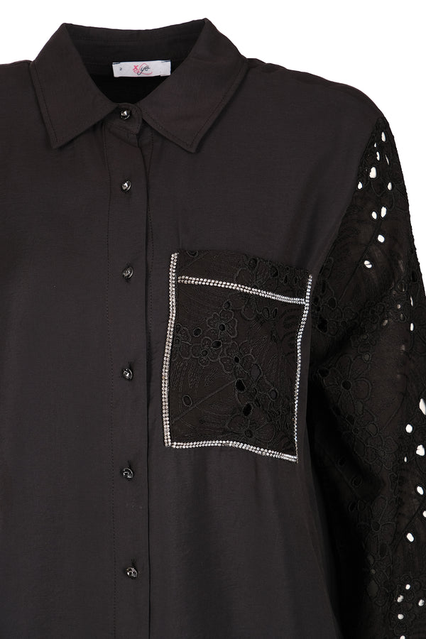 Vedi-bb Oversize Dantel Detaylı Uzun Kol Kadın Gömlek - Minimalist Stil
