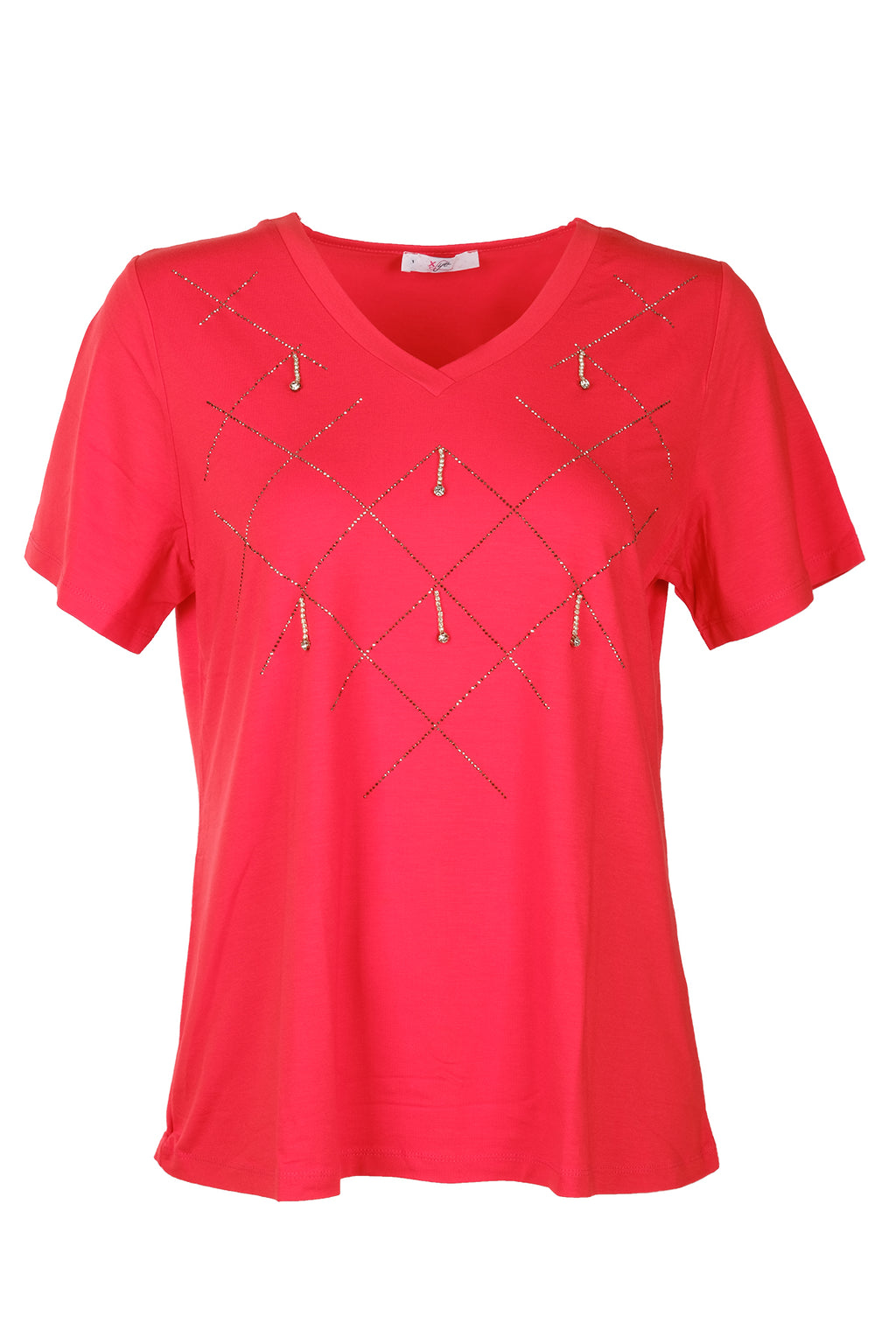 Vedi-bb Minimalist V Yaka Taş Detaylı Kadın T-Shirt - Kısa Kol