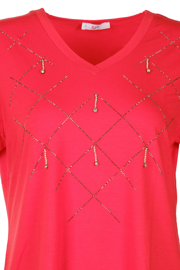 Vedi-bb Minimalist V Yaka Taş Detaylı Kadın T-Shirt - Kısa Kol