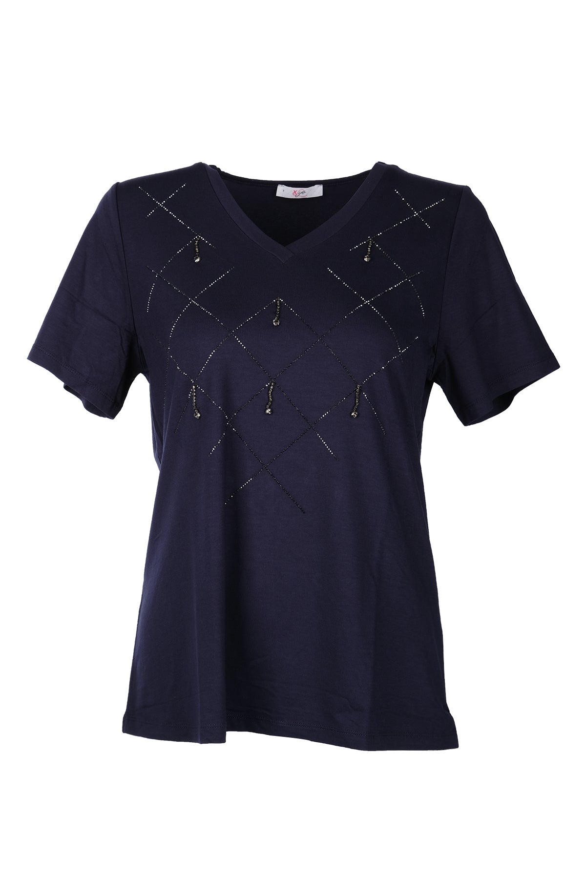 Vedi-bb Minimalist V Yaka Taş Detaylı Kadın T-Shirt - Kısa Kol Translation missing: tr.content.product_image_main