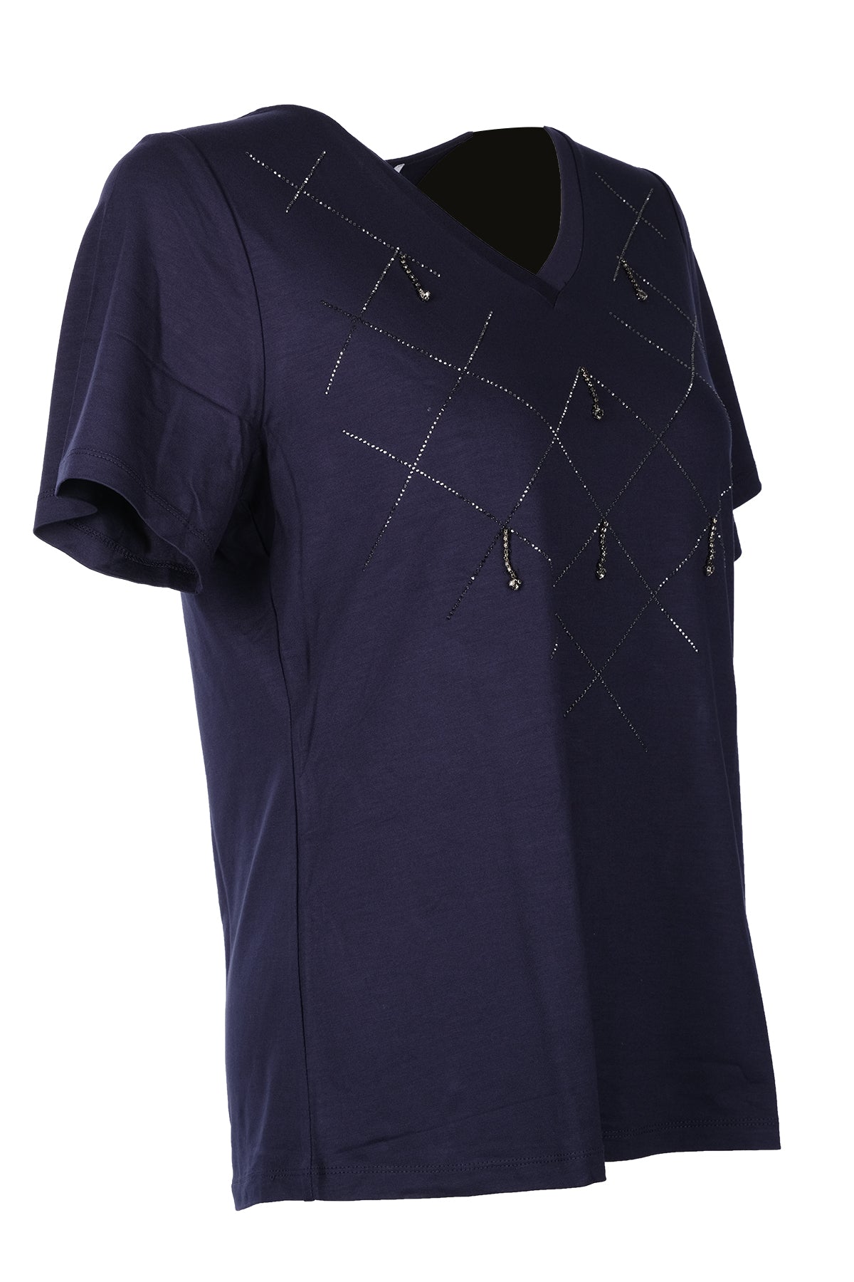 Vedi-bb Minimalist V Yaka Taş Detaylı Kadın T-Shirt - Kısa Kol