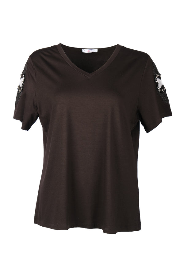 Vedi-bb Oversize V Yaka Kısa Kol Dekoratif Kadın T-Shirt