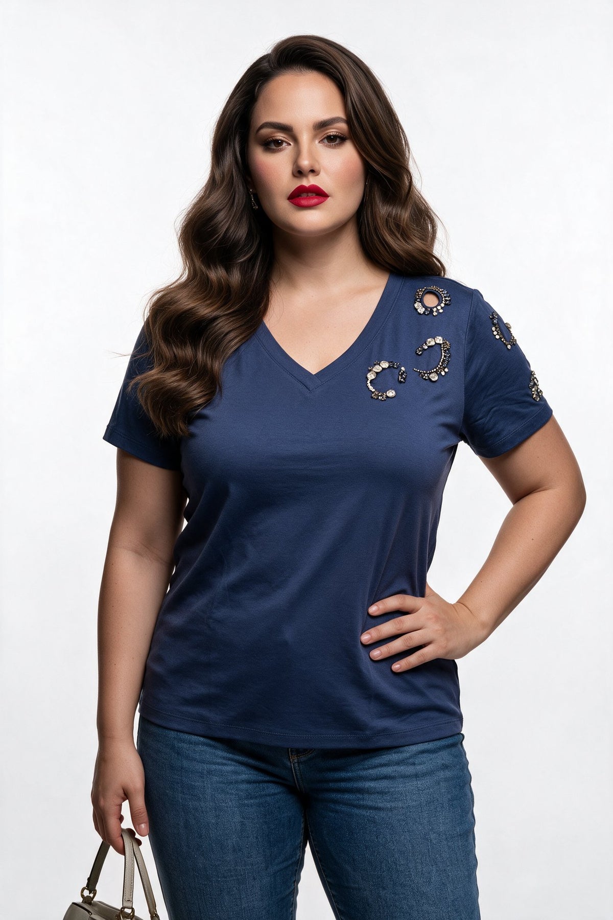 Vedi-bb Kadın Büyük Beden V Yaka Taş Detaylı Kısa Kollu Pamuk Karışımlı T-Shirt 26XY7007 Ana görsel
