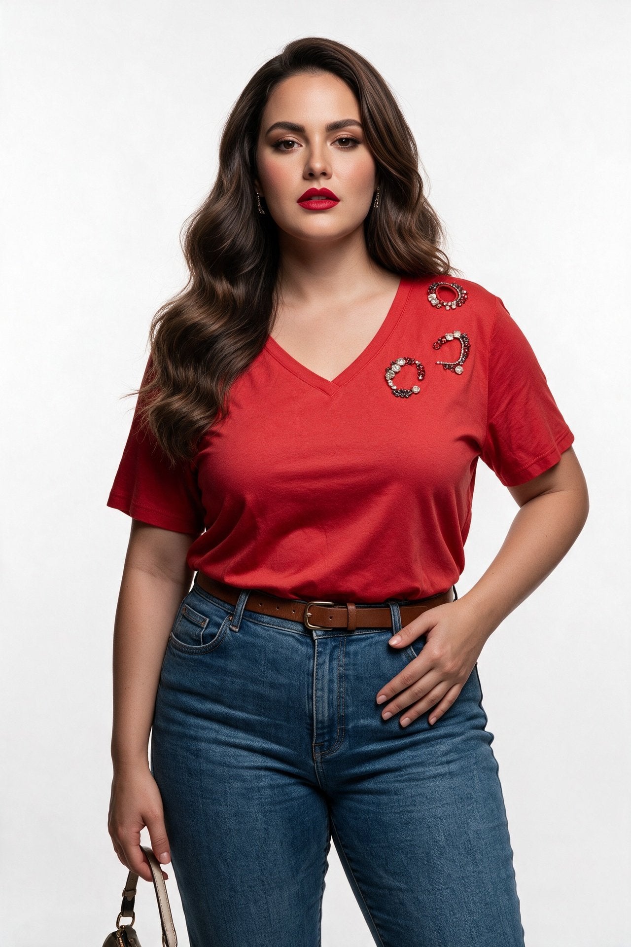 Vedi-bb Kadın Büyük Beden V Yaka Taş Detaylı Kısa Kollu Pamuk Karışımlı T-Shirt 26XY7007 İkincil görsel