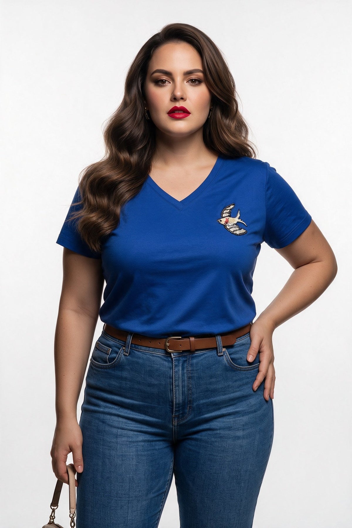 Vedi-bb Kadın Büyük Beden V Yaka Kısa Kol Pamuklu Kuş İşlemeli T-Shirt Ana görsel