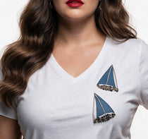 Vedi-bb Kadın Büyük Beden V Yaka Yelkenli İşlemeli Pamuk Karışımlı Kısa Kollu T-Shirt