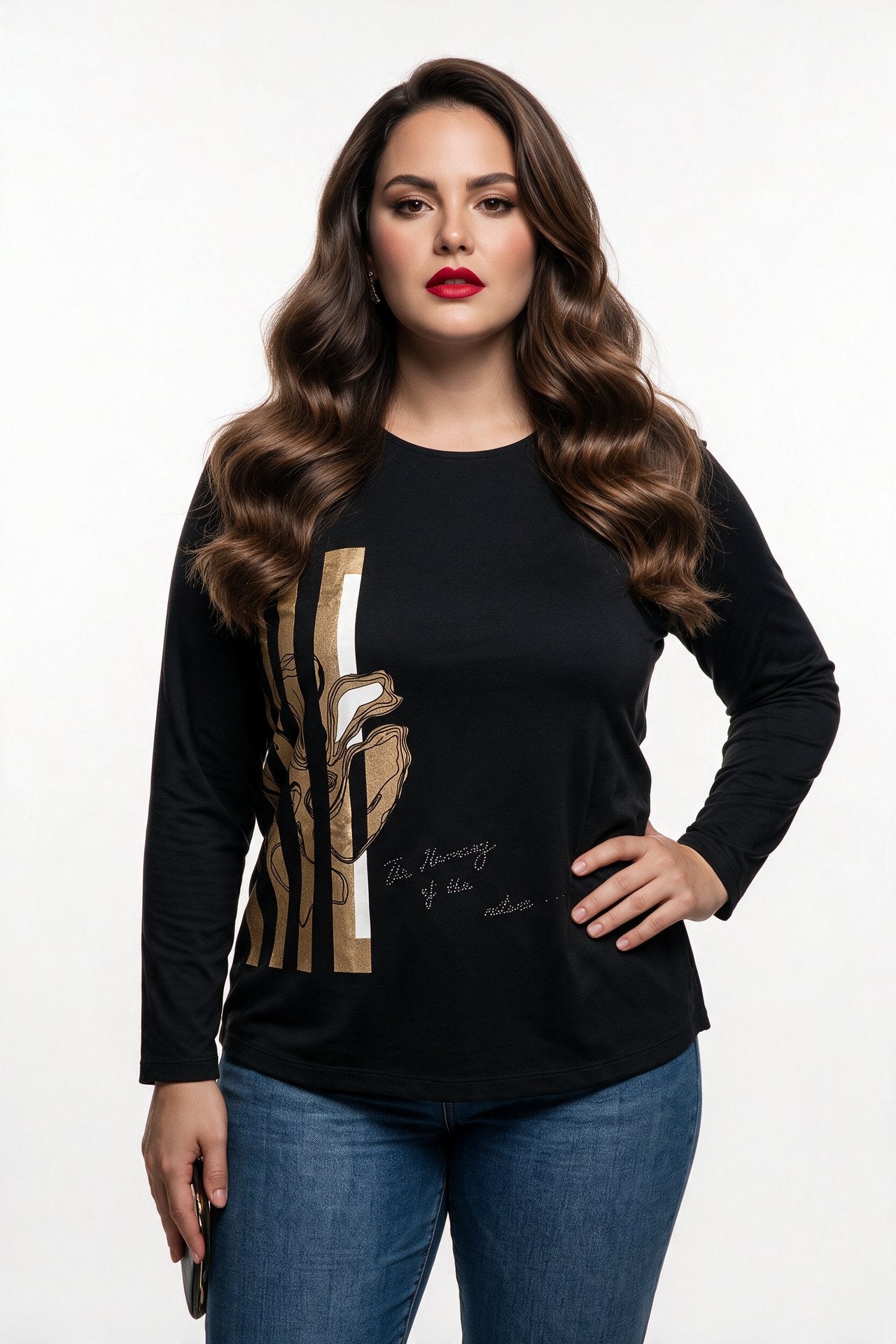Vedi-bb Kadın Büyük Beden Bisiklet Yaka Uzun Kollu Baskılı T-Shirt 26XY7304 İkincil görsel