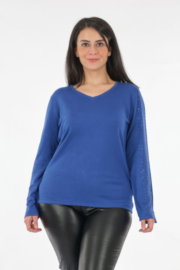 Vedi-bb Minimalist Taş Detaylı Uzun Kol V Yaka Kadın Triko