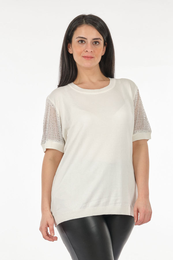 Vedi-bb Oversize Kısa Kol Taş Detaylı Minimalist Kadın Triko
