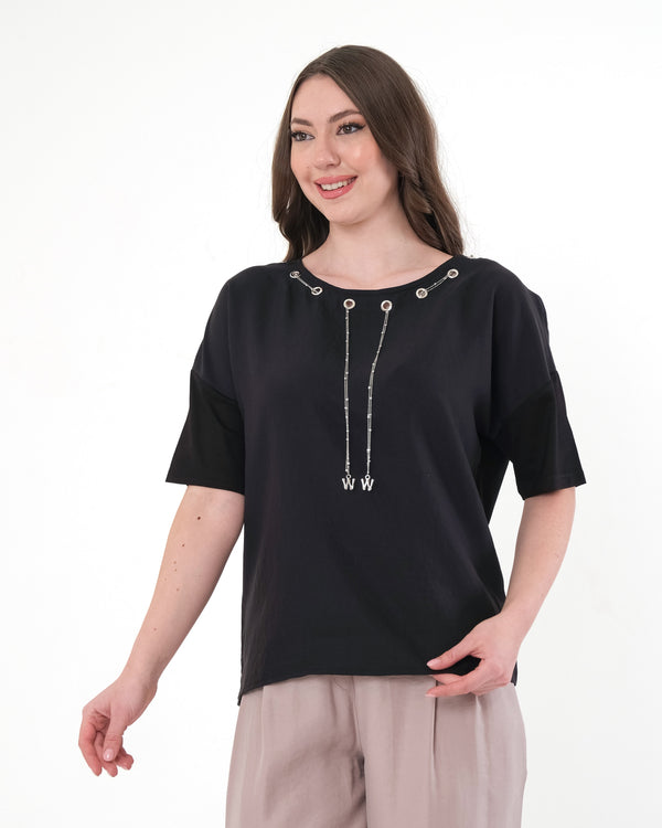 Vedi Oversize Minimalist Kısa Kol Kadın Bluz - Günlük Kombinler İçin