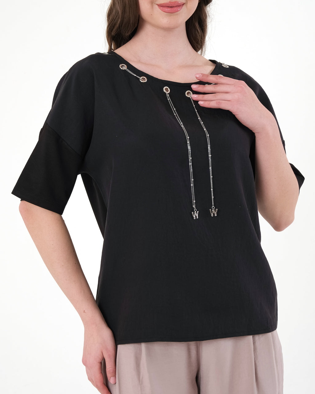 Vedi Oversize Minimalist Kısa Kol Kadın Bluz - Günlük Kombinler İçin
