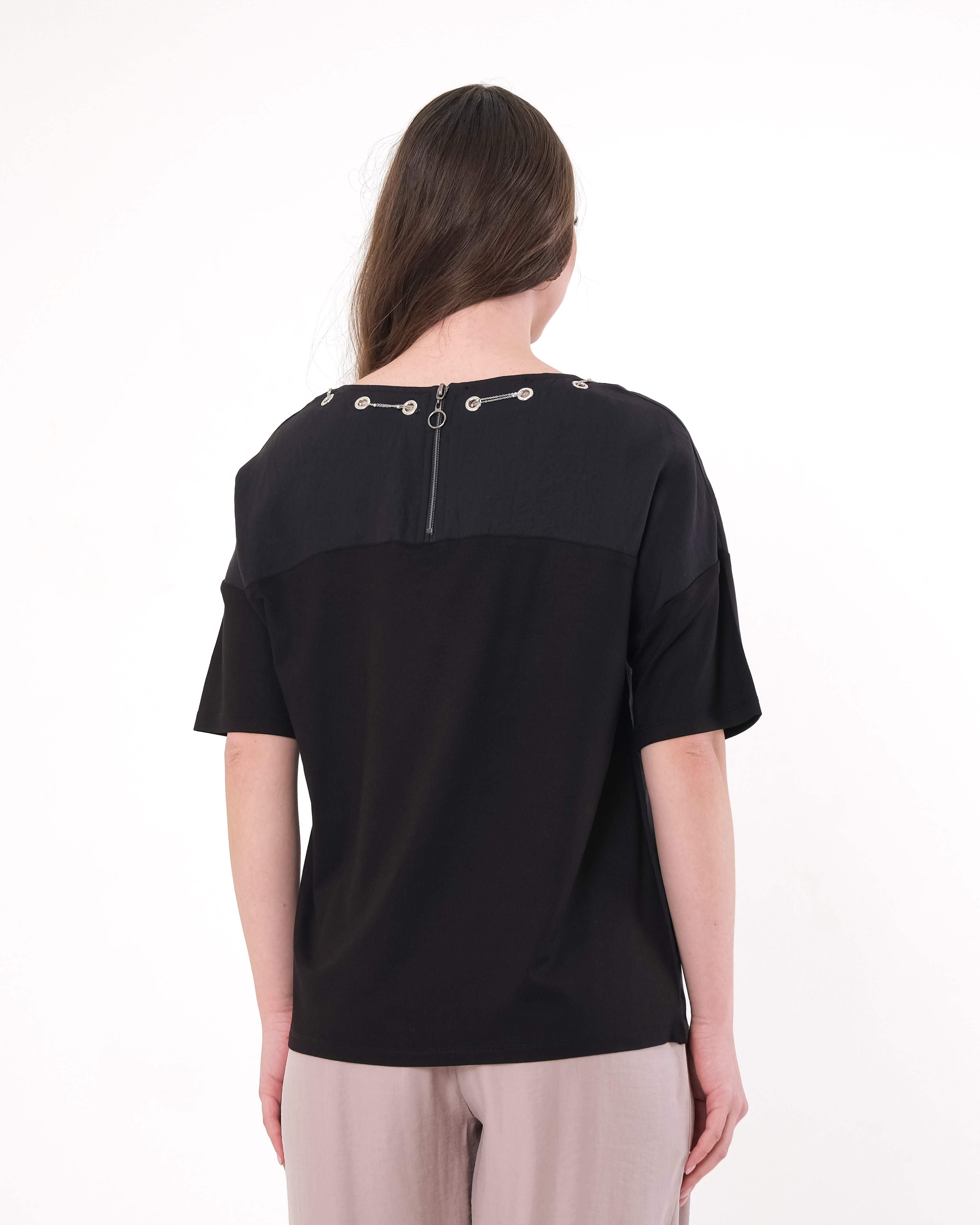 Vedi Oversize Minimalist Kısa Kol Kadın Bluz - Günlük Kombinler İçin