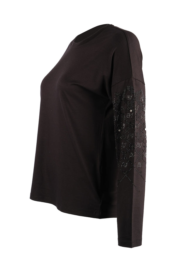 Vedi Oversize Minimalist Kadın Bluz - Uzun Kol - Taş Detaylı