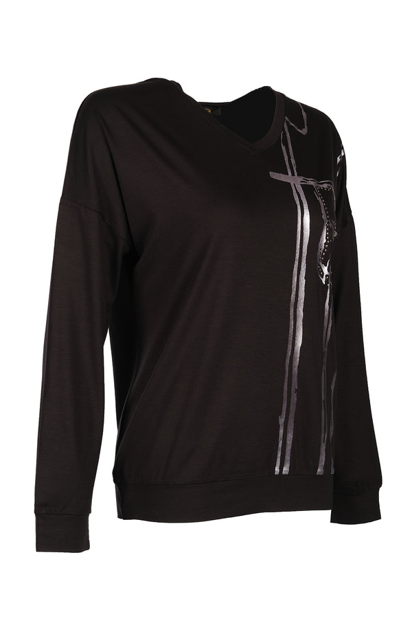 Vedi Minimalist Oversize V Yaka Uzun Kol Kadın Bluz VD4104