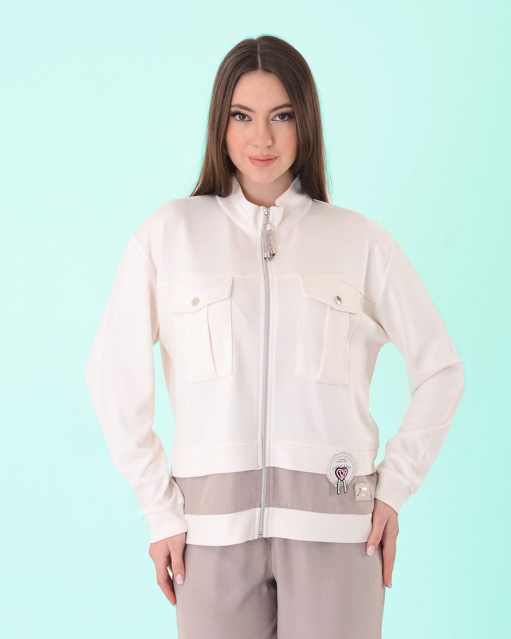 Vedi Oversize Crop Fermuarlı Kadın Ceket - Cep Detaylı