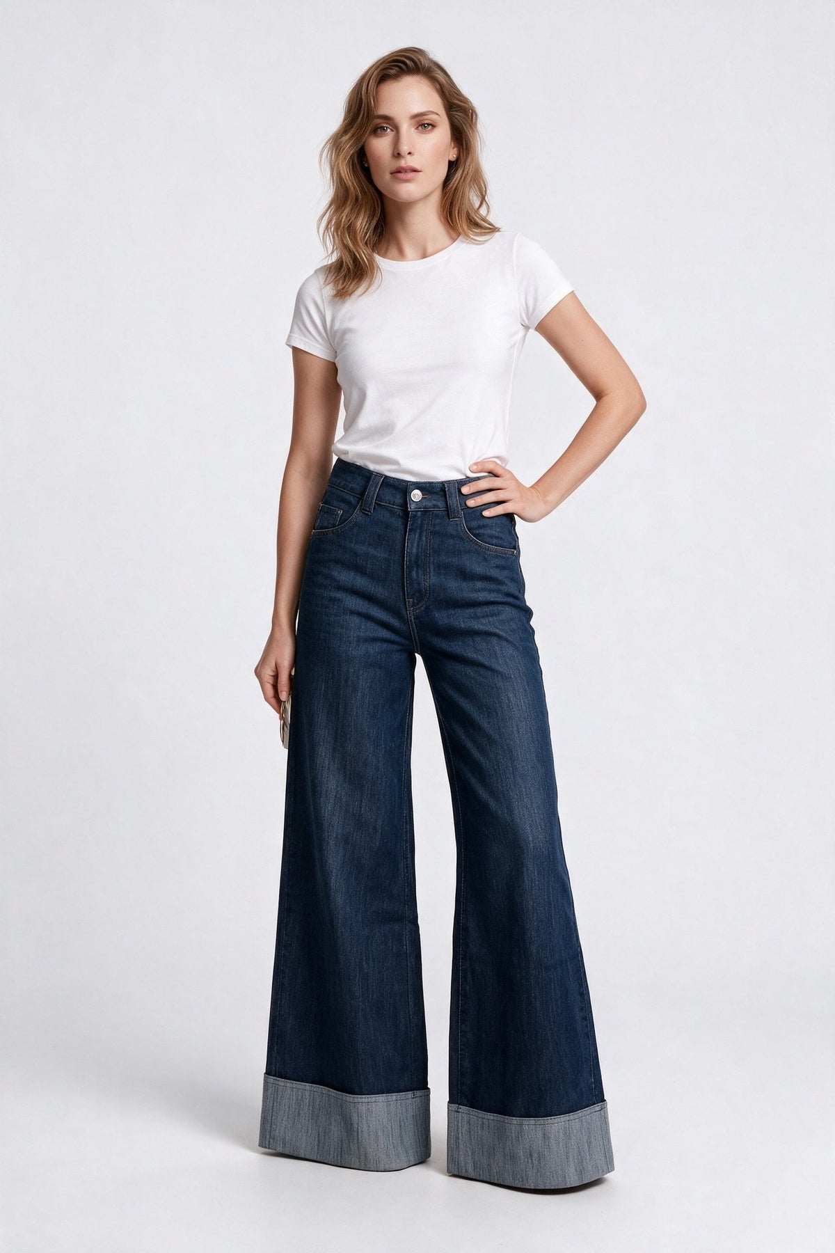 Vedi Kadın Yüksek Bel Geniş Paça Katlamalı Paça Denim Jean Pantolon Ana görsel