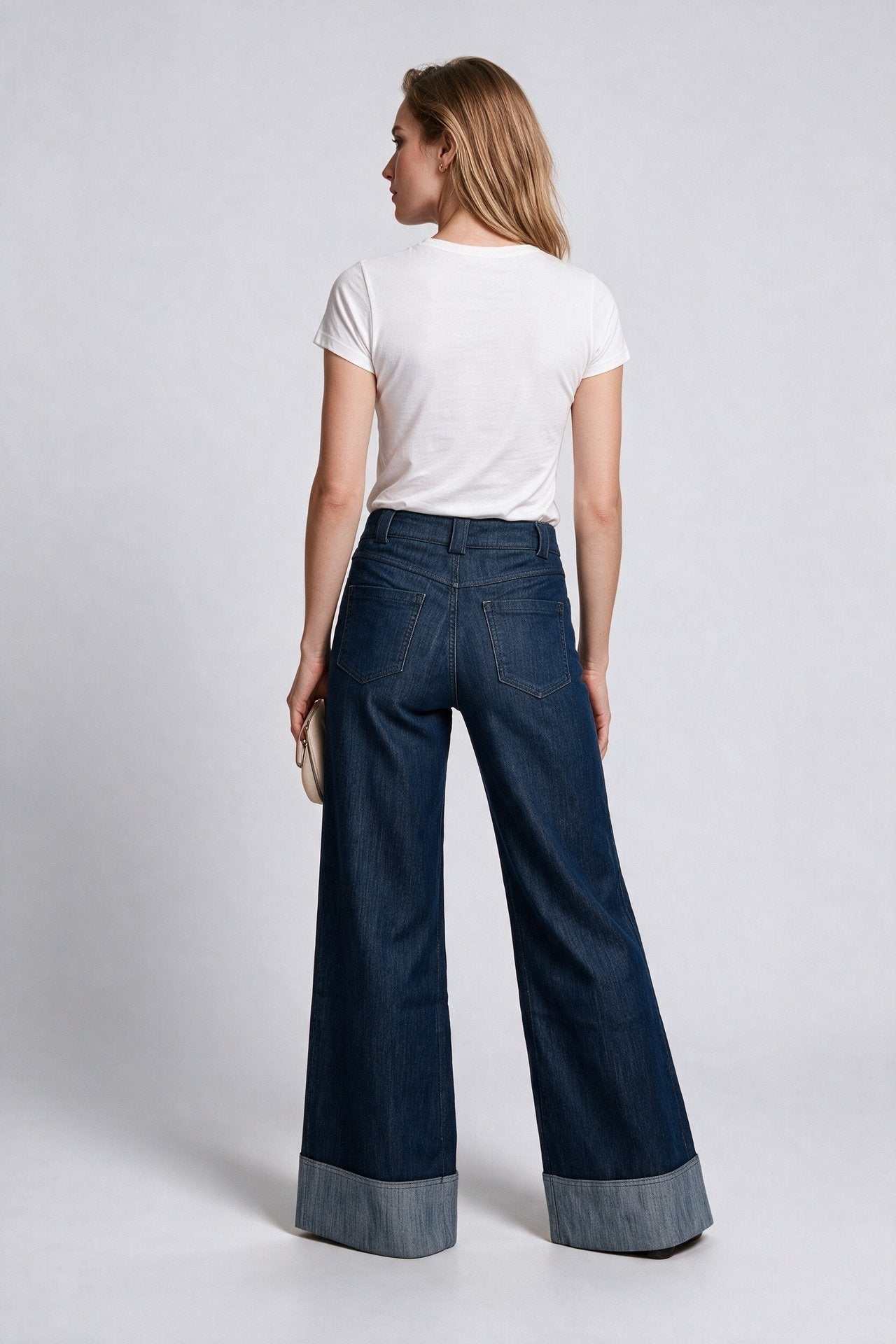 Vedi Kadın Yüksek Bel Geniş Paça Katlamalı Paça Denim Jean Pantolon İkincil görsel