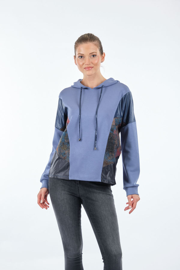 Vedi Oversize Kapüşonlu Kadın Sweatshirt - Deri Detaylı Günlük