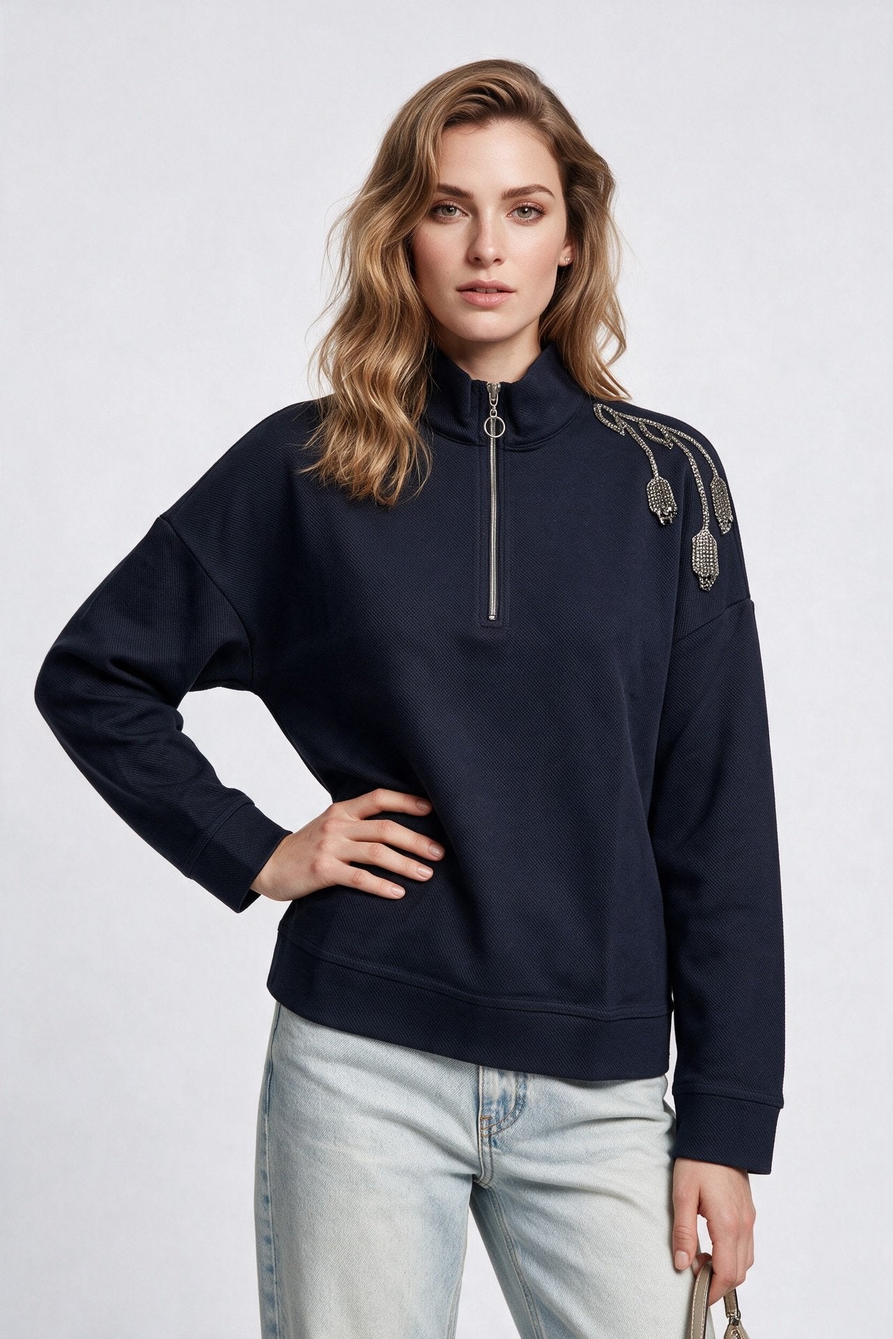 Vedi Kadın Dik Yaka Yarım Fermuarlı Omuz Detaylı Pamuk Karışımlı Sweatshirt İkincil görsel