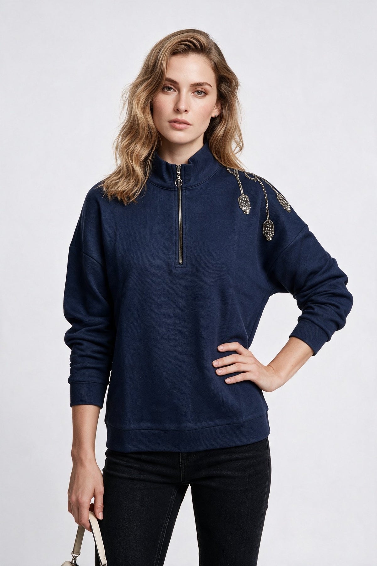 Vedi Kadın Dik Yaka Yarım Fermuarlı Omuz Detaylı Pamuk Karışımlı Sweatshirt Ana görsel
