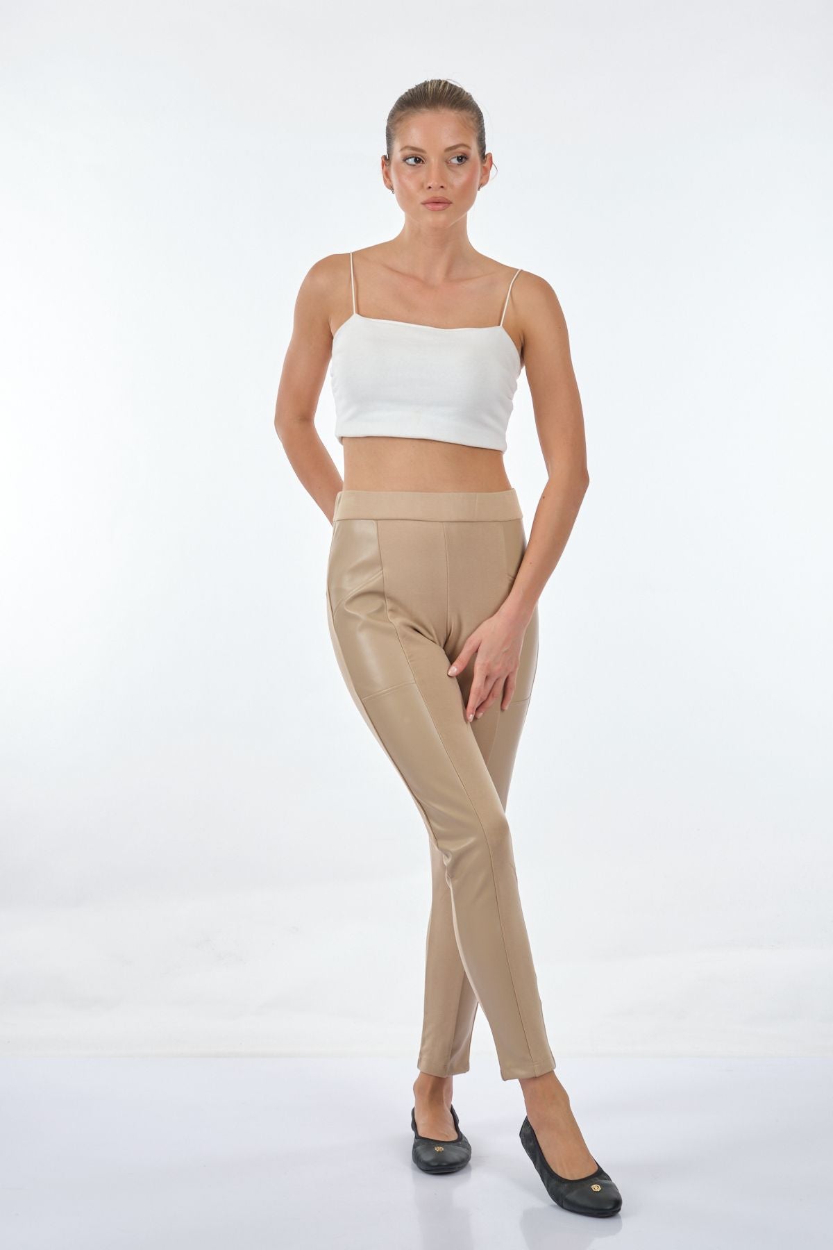 Vedi Minimalist Deri Detaylı Slim Fit Kadın Tayt - Günlük Stil Translation missing: tr.content.product_image_secondary