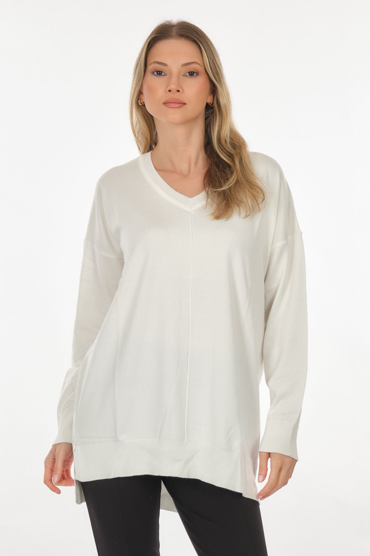 Vedi Oversize V Yaka Uzun Kol Midi Tunik - Günlük Şıklık