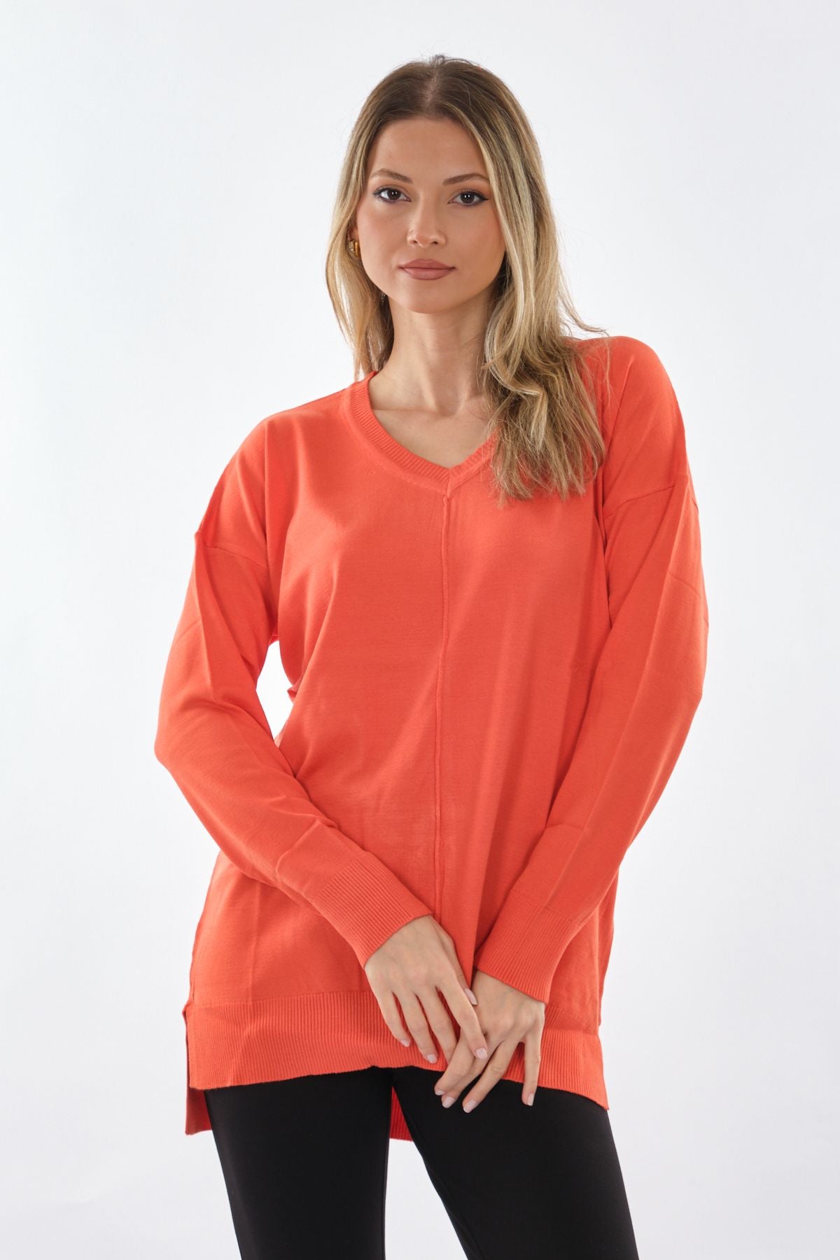 Vedi Oversize V Yaka Uzun Kol Midi Tunik - Günlük Şıklık
