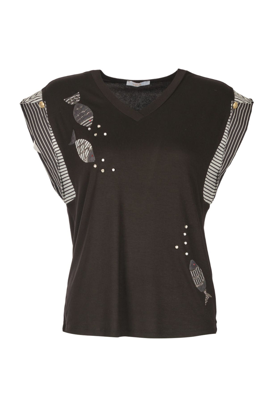 Vedi Minimalist V Yaka Kadın T-Shirt - Balık Desenli - Kısa Kol