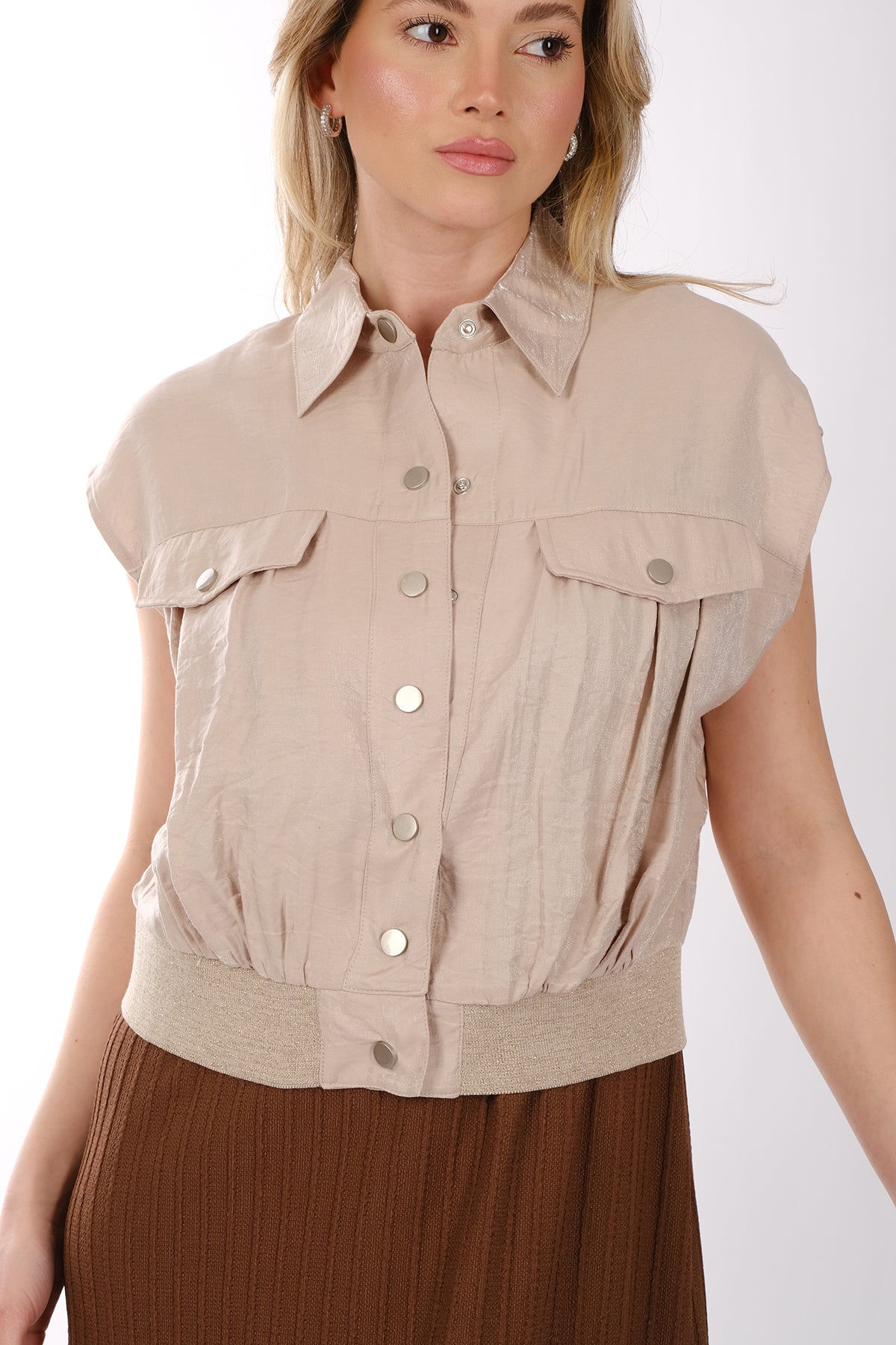 Ysatis Minimalist Kolsuz Crop Yelek - Gömlek Yaka İkincil görsel