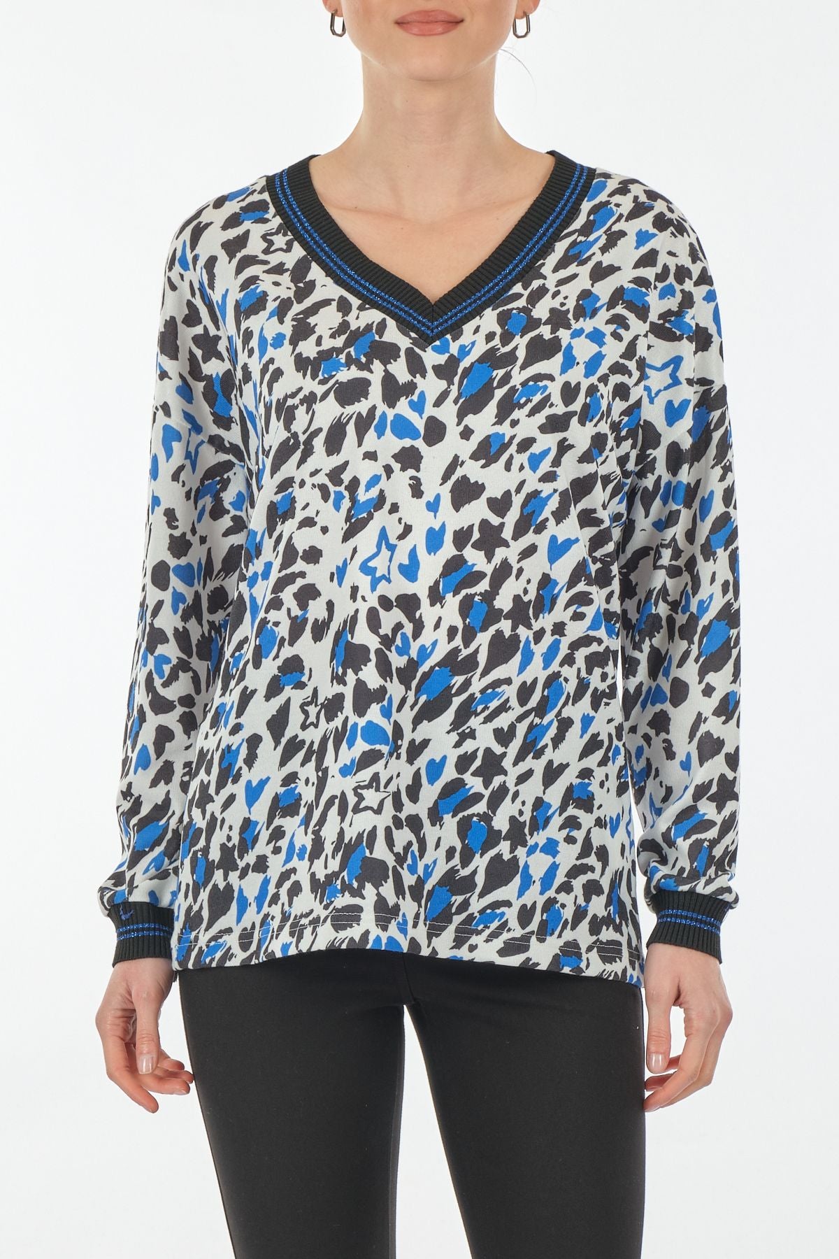 Ysatis Oversize V Yaka Leopar Desenli Uzun Kol Bluz - Günlük Şıklık