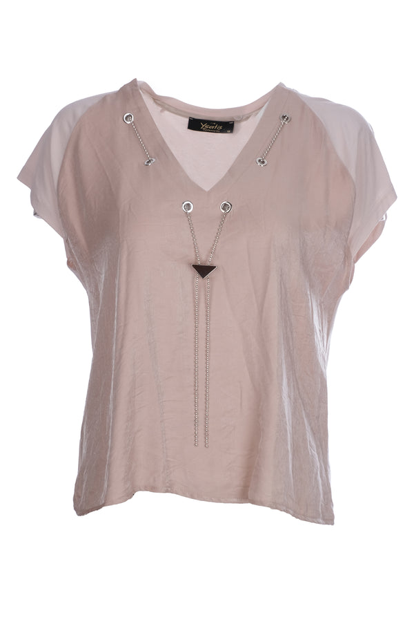 Ysatis Minimalist V Yaka Oversize Kadın Bluz - Kısa Kol