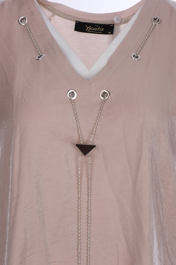 Ysatis Minimalist V Yaka Oversize Kadın Bluz - Kısa Kol