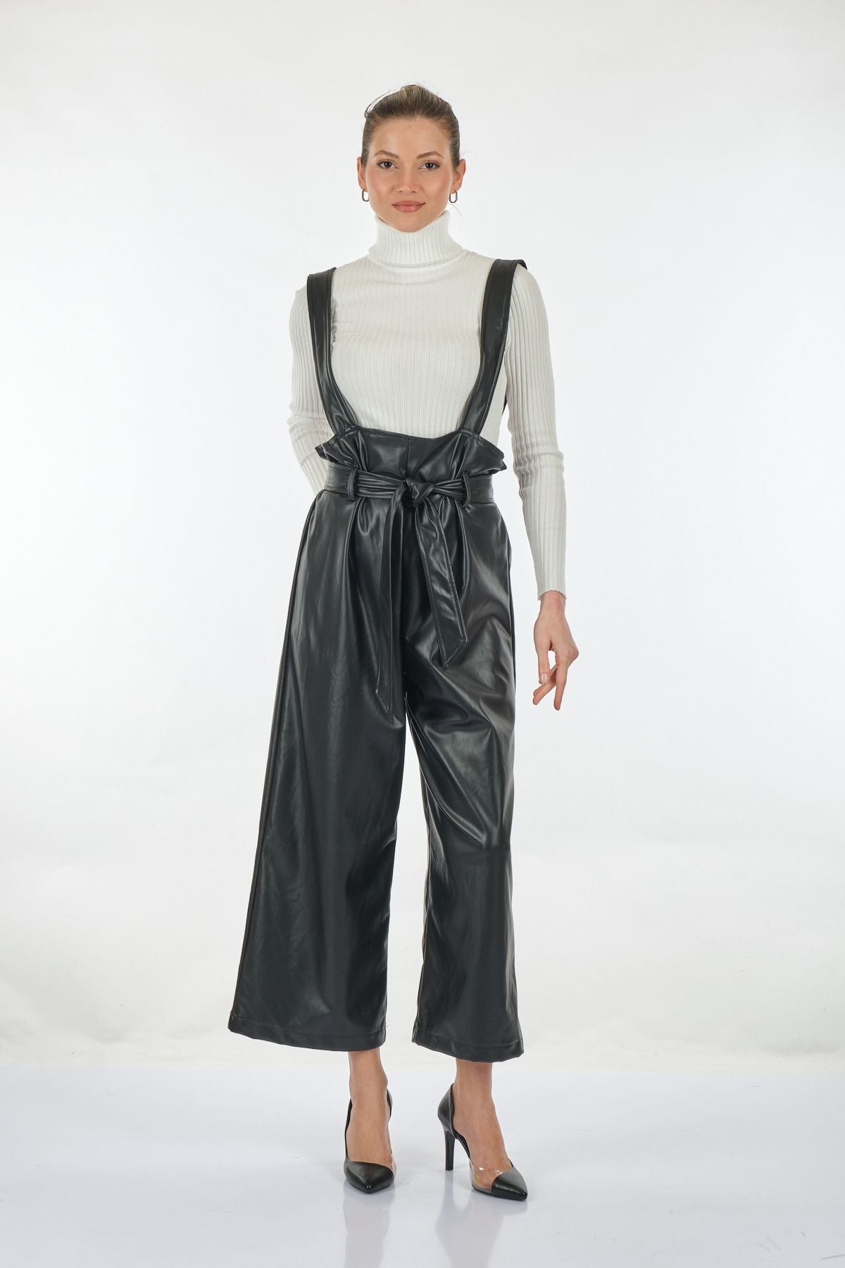 Ysatis Kadın Oversize Deri Look Midi Tulum - Bel Bağlamalı Translation missing: tr.content.product_image_main