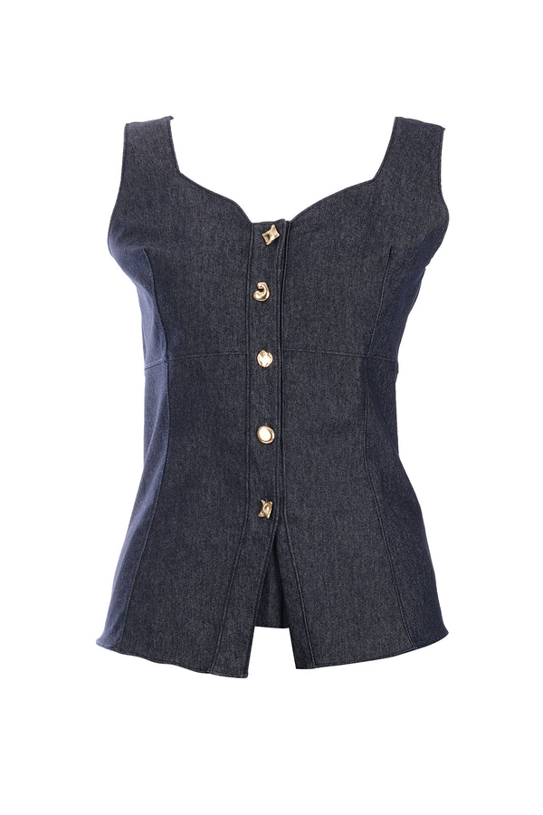Ysatis Minimalist Crop Denim Yelek - Kolsuz, Düğmeli, Günlük