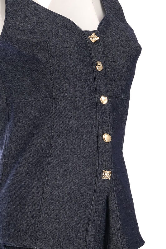 Ysatis Minimalist Crop Denim Yelek - Kolsuz, Düğmeli, Günlük