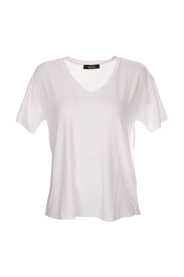 Ysatis V Yaka Oversize Minimalist Kadın Bluz - Kısa Kol - Günlük