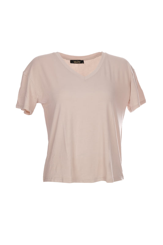 Ysatis V Yaka Oversize Minimalist Kadın Bluz - Kısa Kol - Günlük