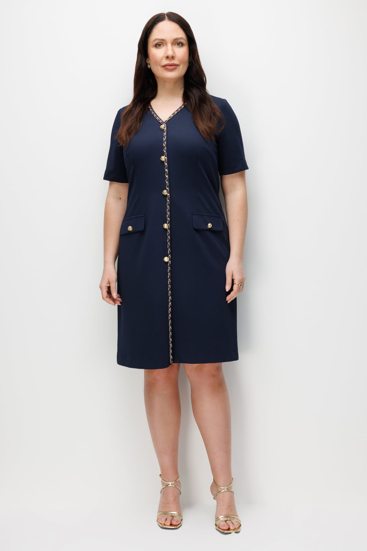 Zincir Detaylı V Yaka Midi Elbise Ekol